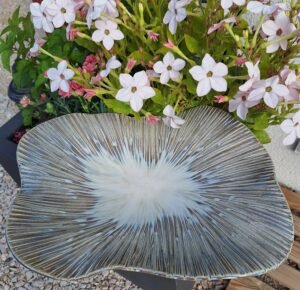 Coupe à fruits rectangulaire striée sur pied.